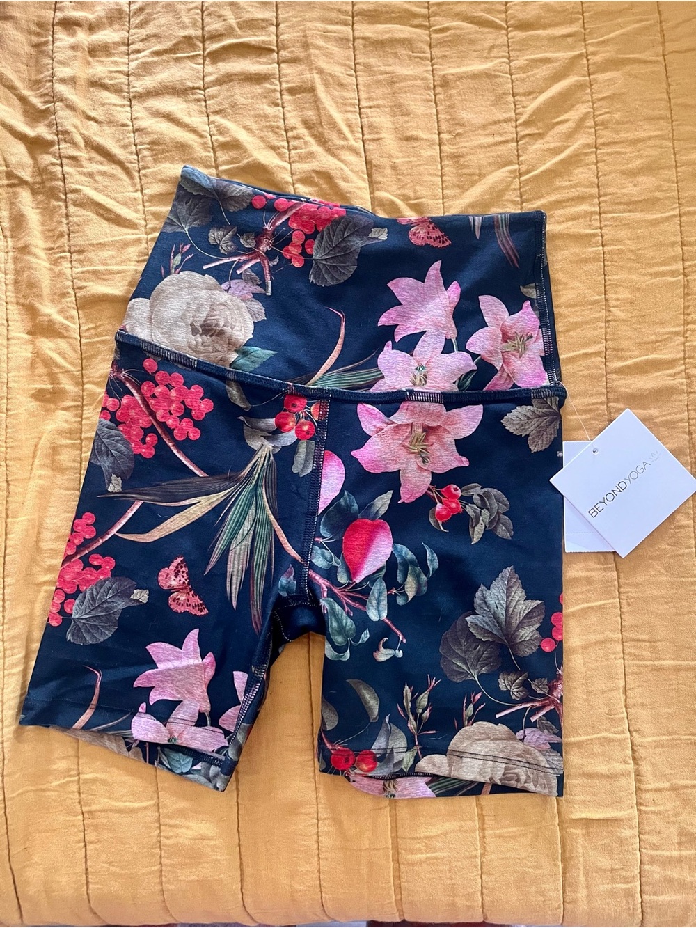 Beyond Yoga Navy Floral High-Rise Bike Shorts with Pink & Red Blooms